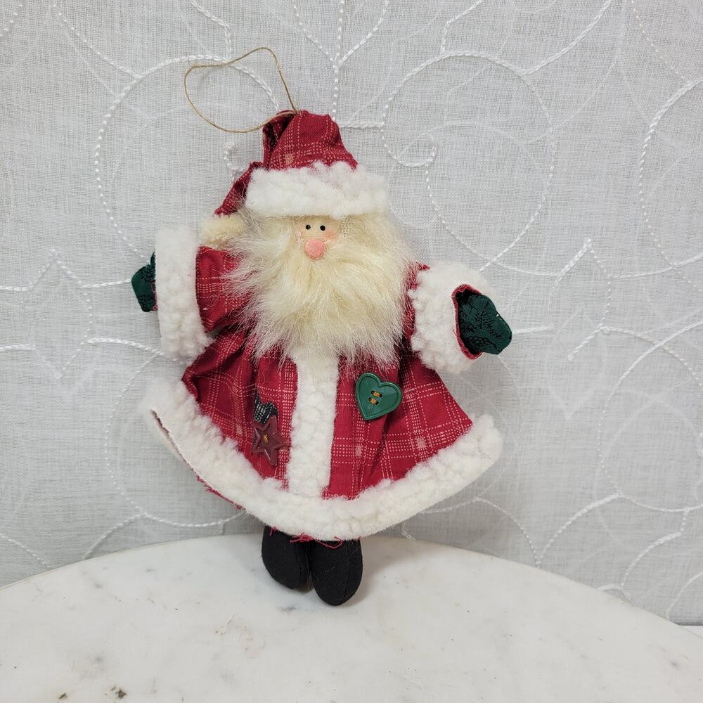 Vintage Santa Claus Fabric Stuffed 7" Soft Beard Black Eyes Christmas Ornament